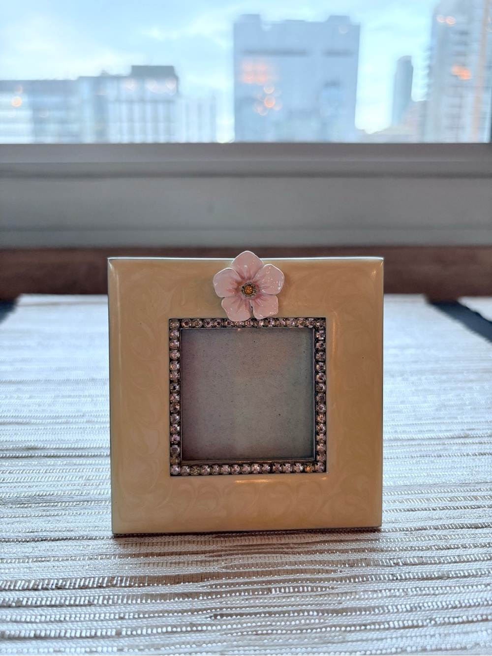 Light Yellow Small Photo Frame with Pink Enamel Flower